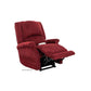 Red Mega Motion Zero Gravity Recliner, shown with footrest raised and a pillow in the lumber area for low back support