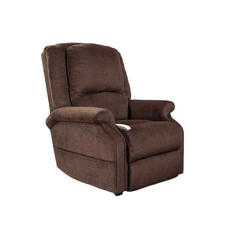 Brown Mega Motion Zero Gravity Recliner with heat & massage, shown in an upright seated position.