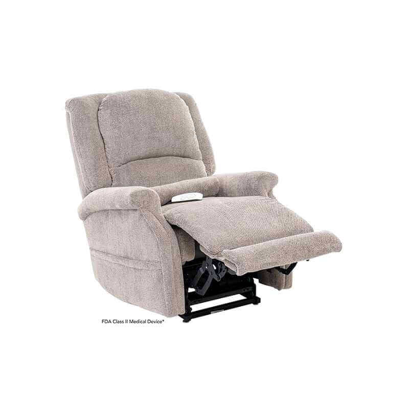 Dove-colored Mega Motion Zero Gravity Recliner with heat & massage, shown reclining back 45 degrees with footrest elevated