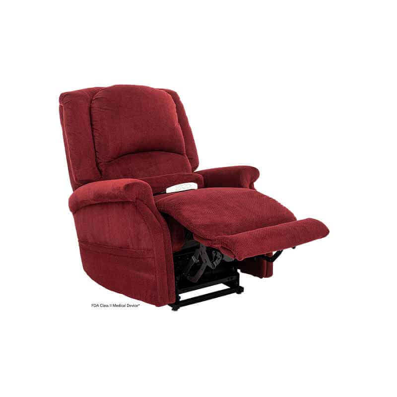 Red Mega Motion Zero Gravity Recliner with heat & massage, shown in TV watching position with extended footrest raised