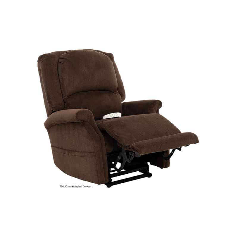 Brown Mega Motion Zero Gravity Recliner with heat & massage, in TV watching position with footrest elevated