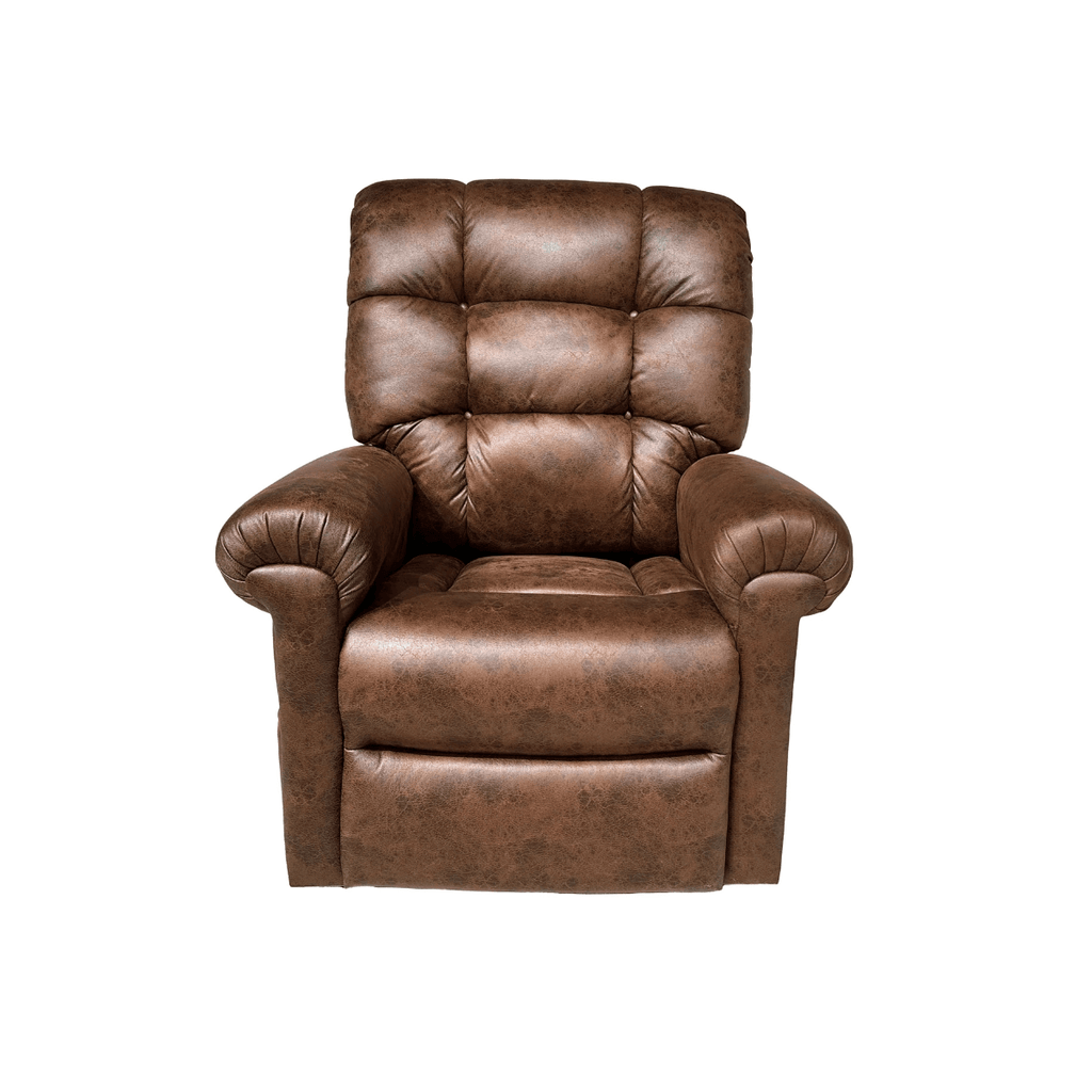 Tan Duralux Perfect Sleep Chair in an upright position, showing lots of cushioning and padding with pillow in lumbar region