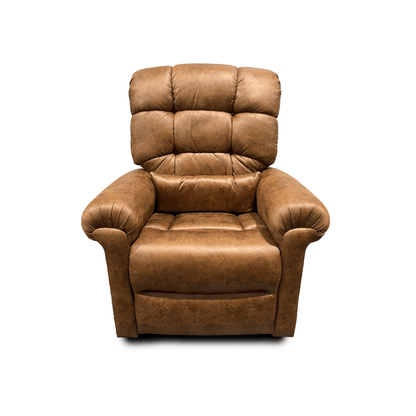 Tan Duralux Perfect Sleep Chair in an upright position, showing lots of cushioning and padding with pillow in lumbar region