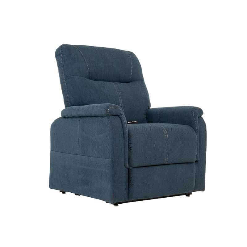 Indigo Blue Mega Motion MM-3620 lift chair recliner with heat & massage, positioned upright with backrest fully upright to sit comfortably
