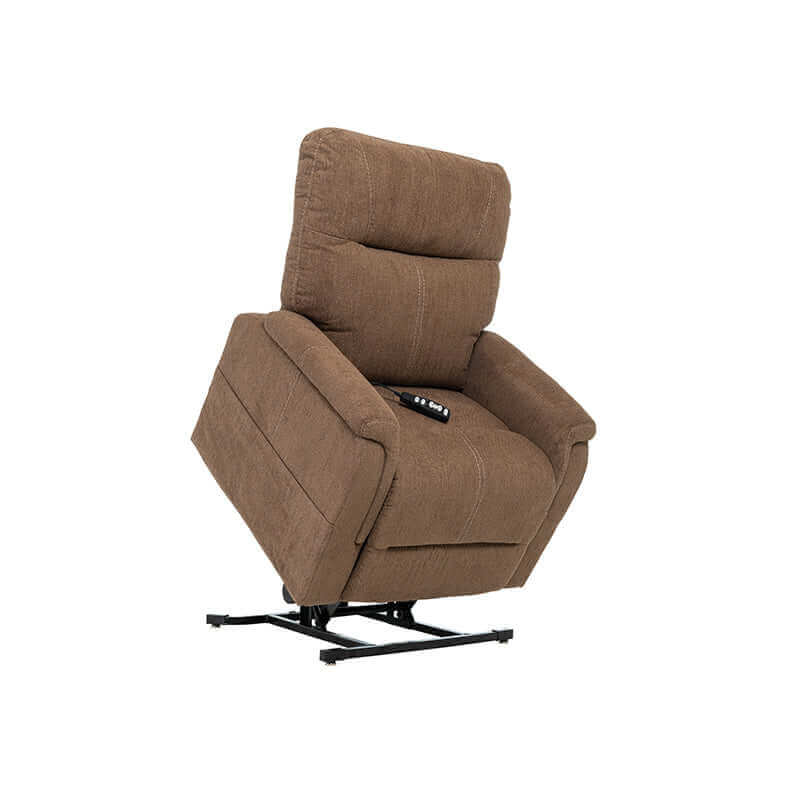 Light Brown Mega Motion MM-3620 lift chair recliner with heat & massage, in lift position with seat tilted forward to assist standing up