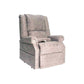 Mega Motion Zero Gravity Lift Chair covered in dove color fabric with pillow in lumbar area, sitting in upright position