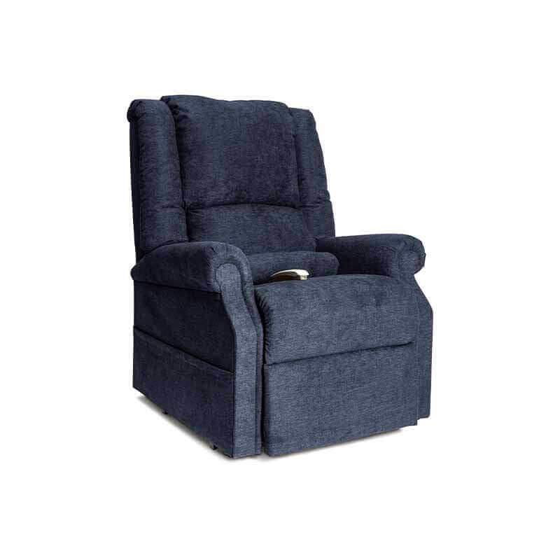 Mega Motion Zero Gravity Lift Chair covered in navy blue fabric with pillow in lumbar area, sitting in the upright position