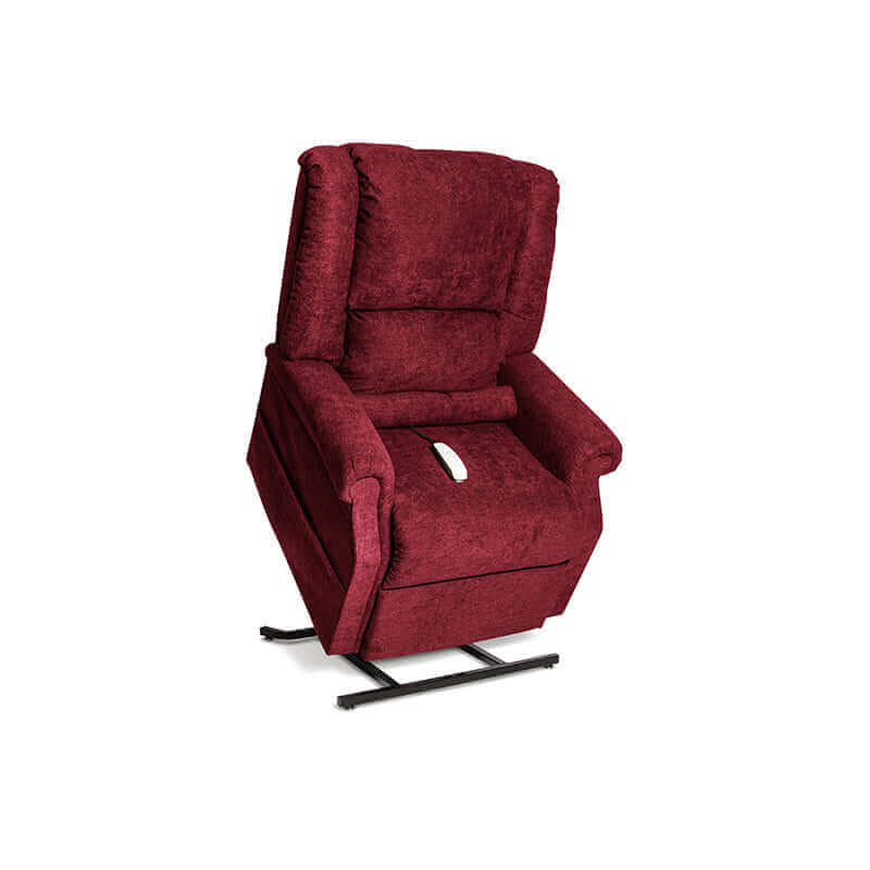 Mega Motion Zero Gravity Lift Chair covered in red fabric, in the lift position to help the user stand up