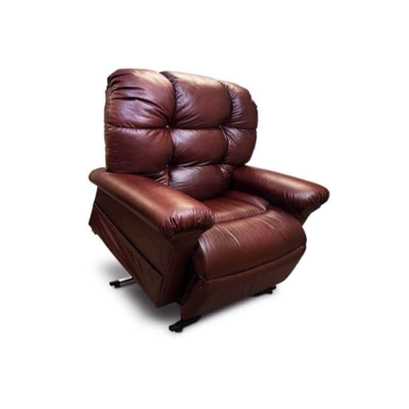 Perfect Sleep Chair made with genuine leather in a burgundy color  in lift position to get user on their feet