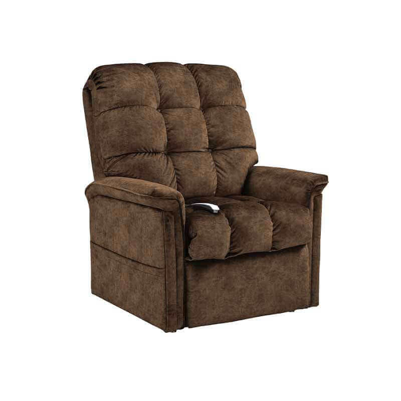 Chocolate color Mega Motion MM-5001 Lift Recliner Chair shown sitting upright featuring side pockets