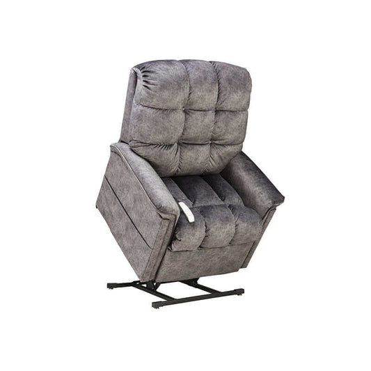Mega Motion MM-5001 Lift Recliner Chair in graphite gray, slightly lifted with the seat tilted forward to aid in standing.