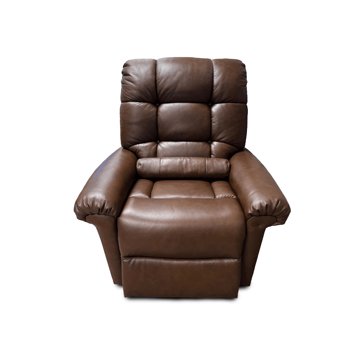 Brown Journey Perfect Sleep Chair sitting upright with extended footrest down and bolster pillow for lower back area