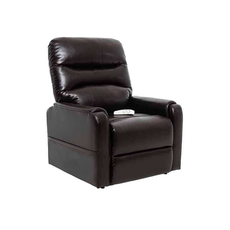 Motion MM-3604 Reclining Lift Chair in chestnul color with side pockets, shown in an upright position for sitting up straight.