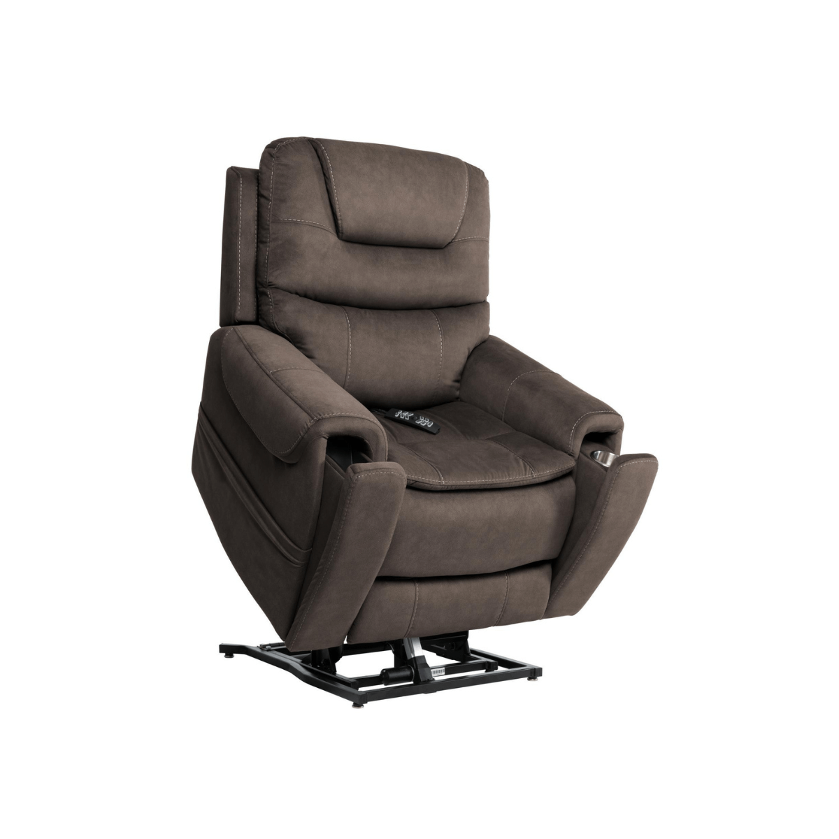 Mega Motion power lift recliner in mink color, raised up in lift position to assist user in standing up