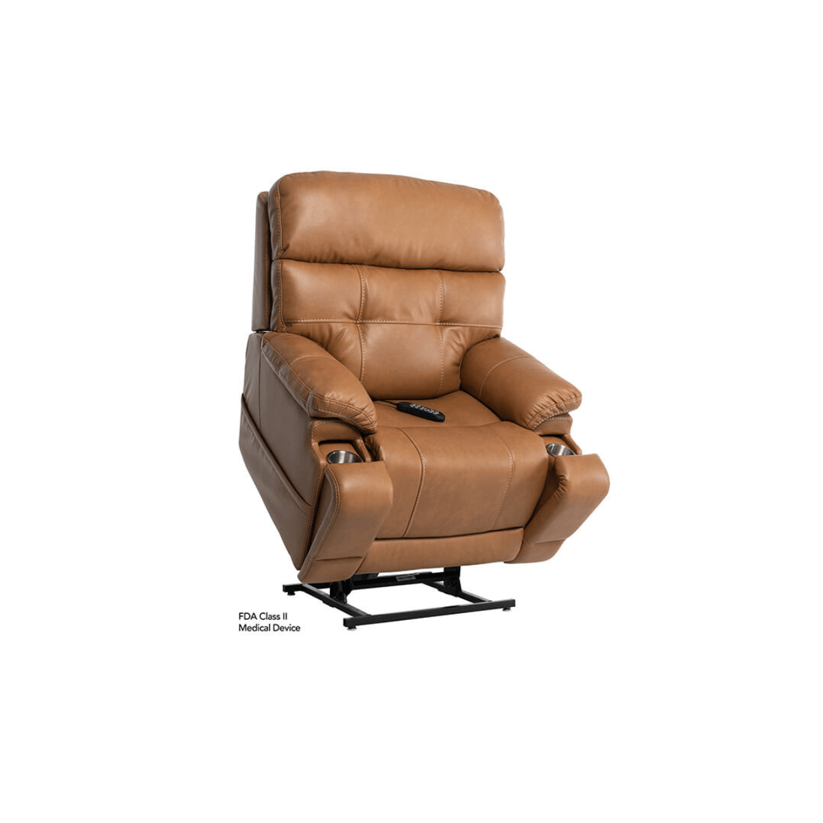 Mega Motion 3815 lift recliner in saddle color with cup holders, lifted up to assist user in standing on their own