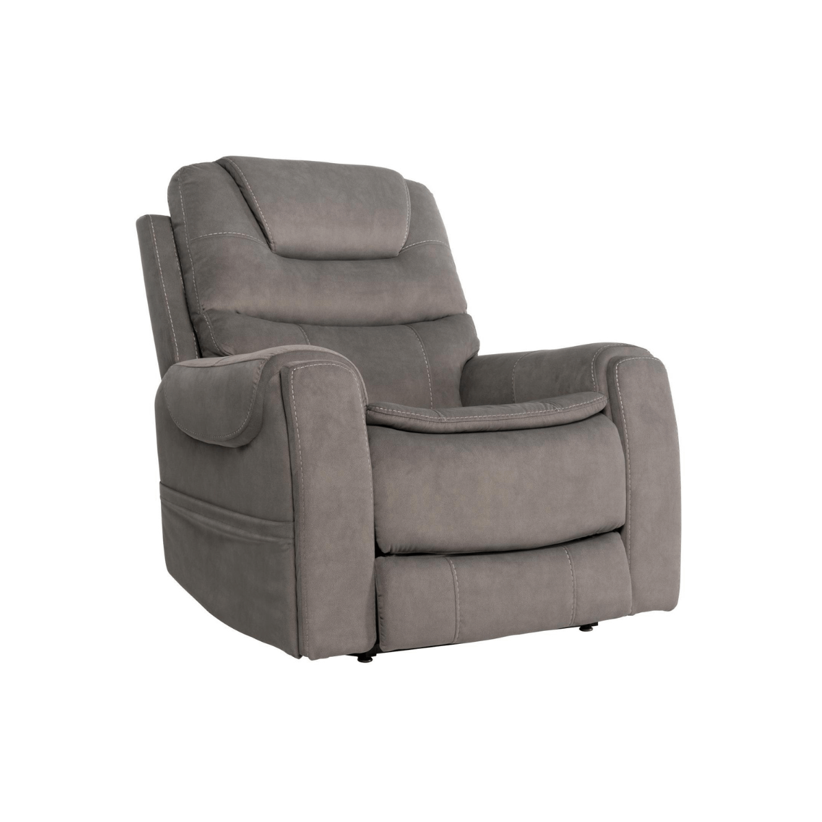 Mega Motion power lift recliner in elephant grey color, sitting in upright position with footrest down