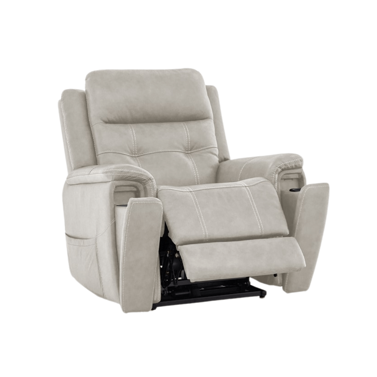 Mega Motion lift chair in dove color, sitting upright with leg rest raised and cupholders showing.