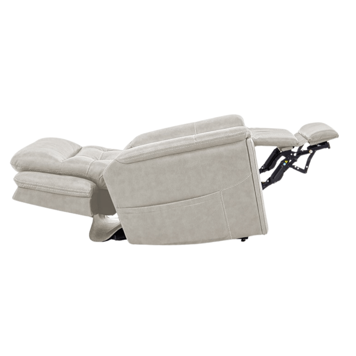 Mega Motion lift chair in dove color, reclined to zero gravity position with leg rest raised high and backrest flat.