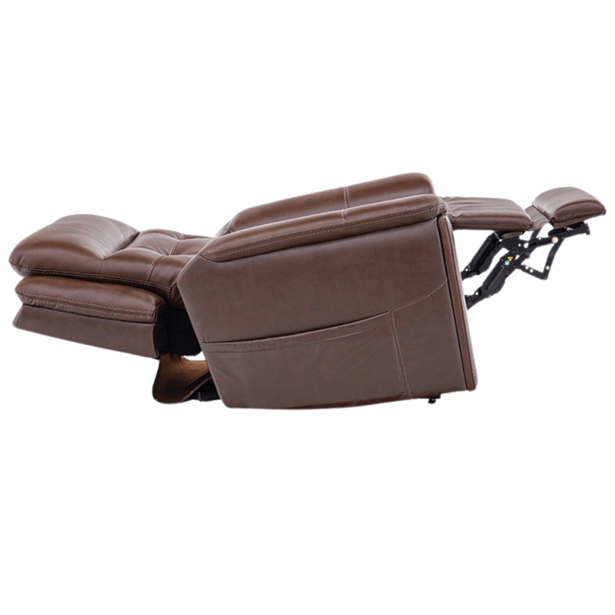 Mega Motion power lift recliner in coffee brown color, in layflat position. Perfect for sleeping