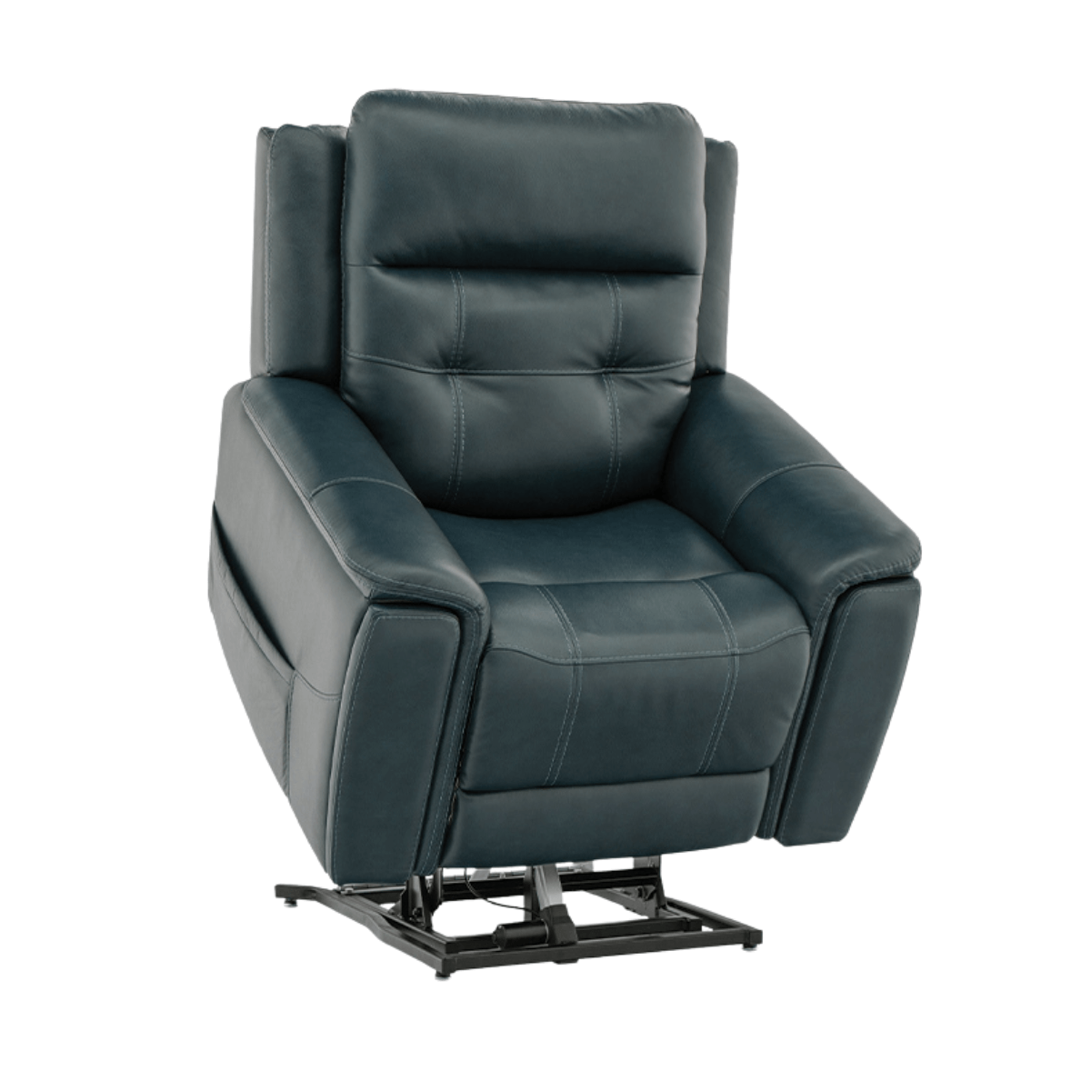 Mega Motion power lift recliner in teal color tilted forward to help user stand up on their own.