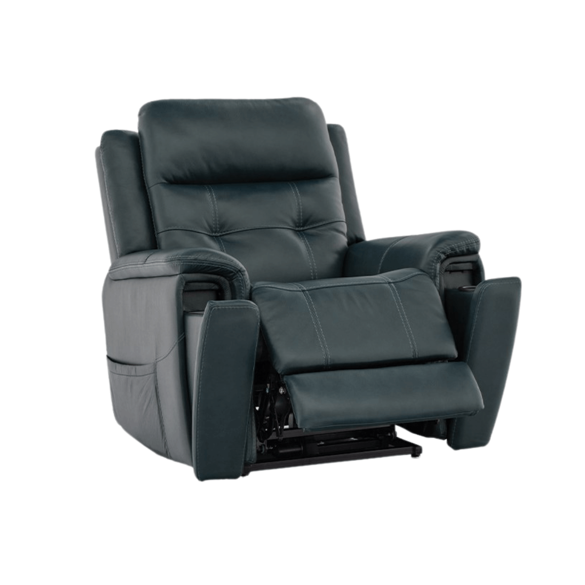 Mega Motion lift chair in teal color, sitting upright with leg rest slightly elevated and cupholders showing.