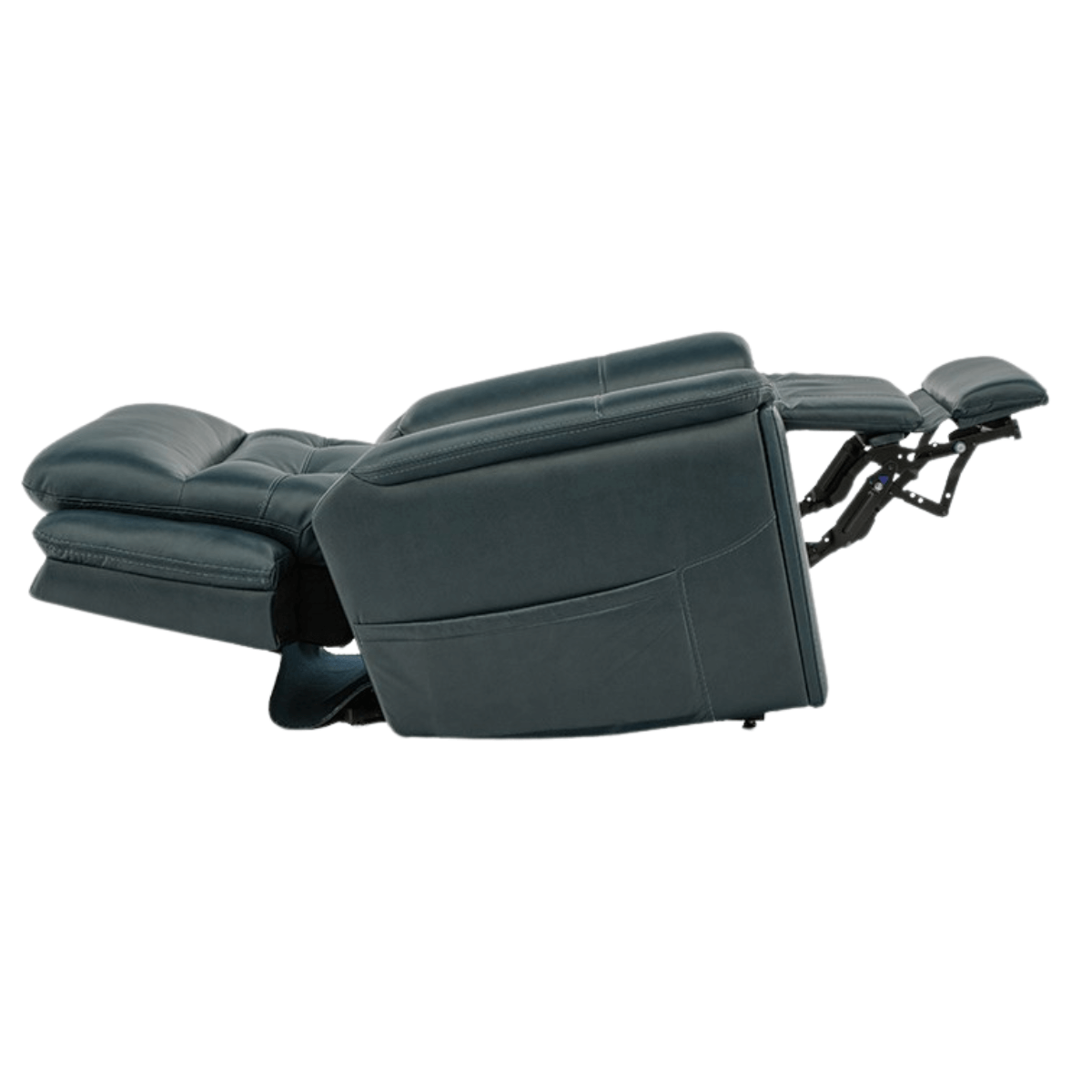 Mega Motion lift chair in teal color, reclined to zero gravity position with leg rest raised above heart level.