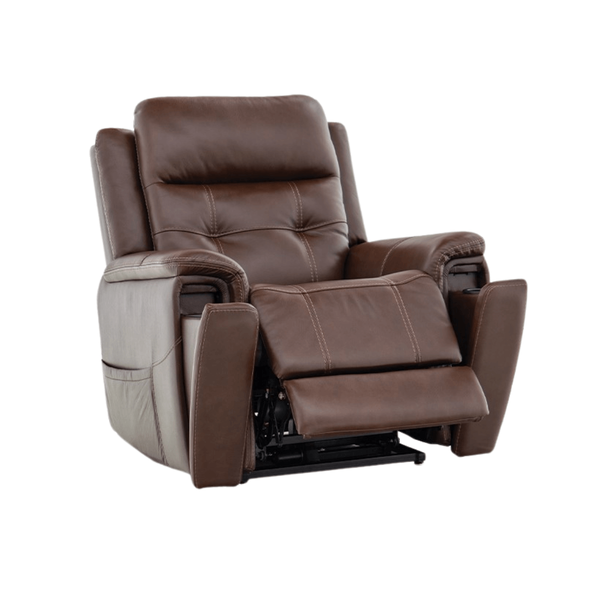 Mega Motion power lift recliner in coffee brown color, sitting upright with leg rest slightly raised and cupholders showing.