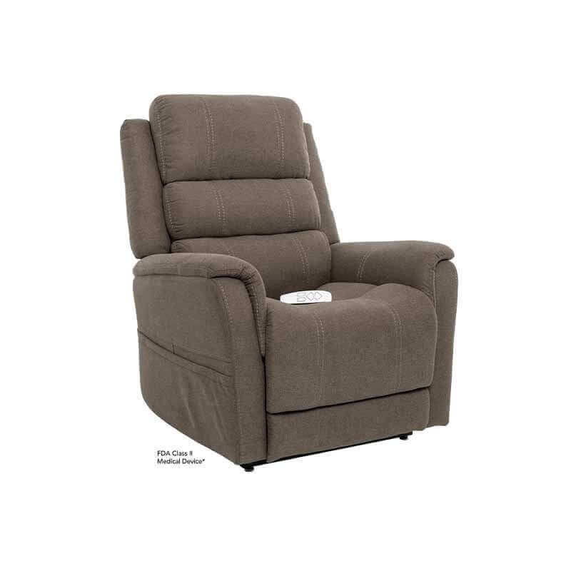 Steel Mega Motion MM-3603 Lay Flat Recliner with side pockets, shown in an upright position for sitting up straight.