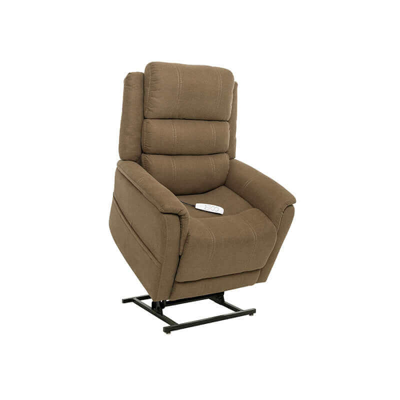 Mega Motion MM-3603 Lay Flat Recliner chair in light gold brown color, lifting up with seat titled forward to help user stand up