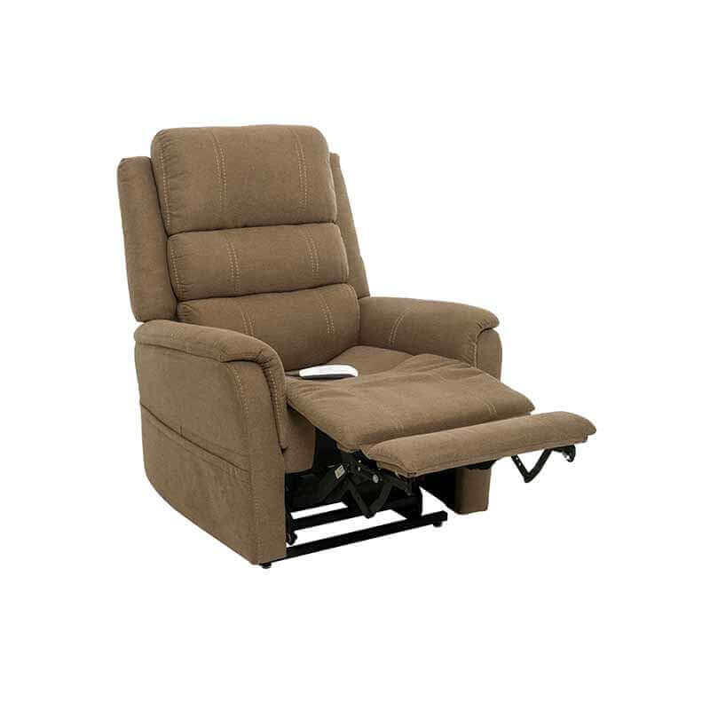 Mega Motion MM-3603 Lay Flat Recliner chair in light brown gold color, sitting upright and extended footrest elevated high