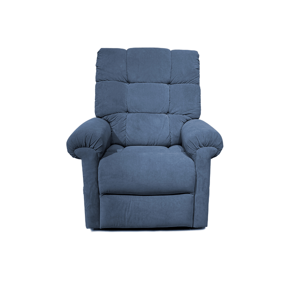Blue Perfect Sleep Chair sitting in upright position facing forward with padded armrests and lots of cushioning