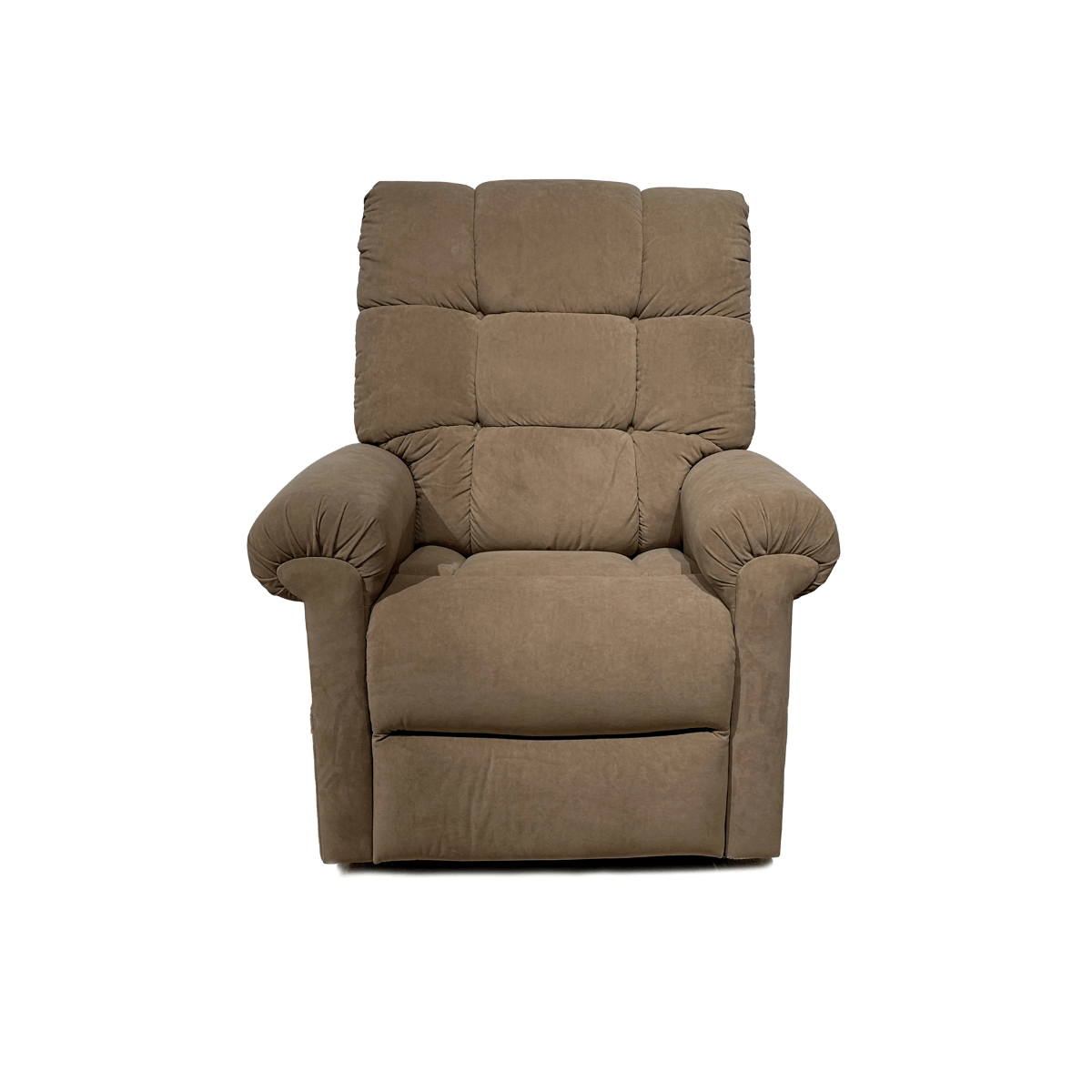 Journey Perfect Sleep Chair in dark moss color sitting upright facing forward with padded armrests and lots of cushioning
