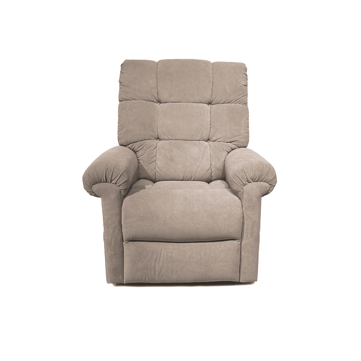 Tan Journey Sleep Chair sitting in upright position facing forward with padded armrests and ample cushioning