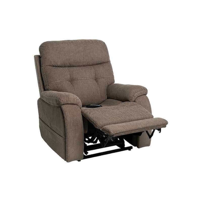 Mink-colored Mega Motion MM-3712 Power Lift Recliner. Shown in upright position with footrest elevated high. Great for watching TV.