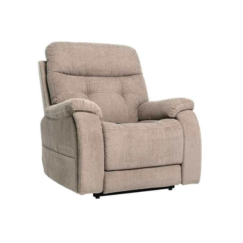 Mega Motion MM-3712 Power Lift Recliner in stone color with 3-zone heat, showcased in the seated position ready to sit upright