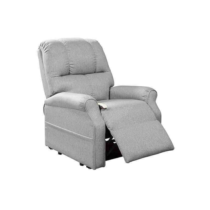 Mega Motion 3-position lift chair in silver gray color with backrest in upright position and footrest partially elevated