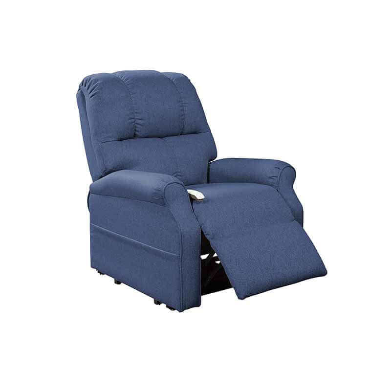 Blue Mega Motion 3-position lift chair, shown in a slight reclined position with the footrest partially elevated