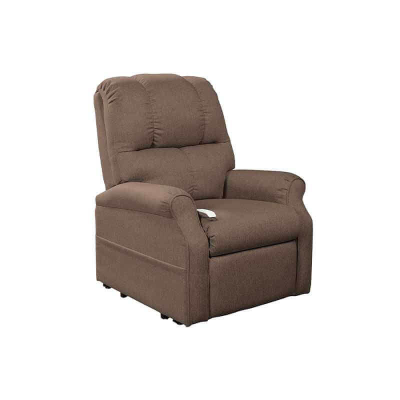 Brown Mega Motion 3-position lift chair with side pockets, shown in seating position with footrest down to sit upright
