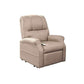 Beige Mega Motion 3-position lift chair with side pockets, in seating position with footrest down to sit upright comfortably