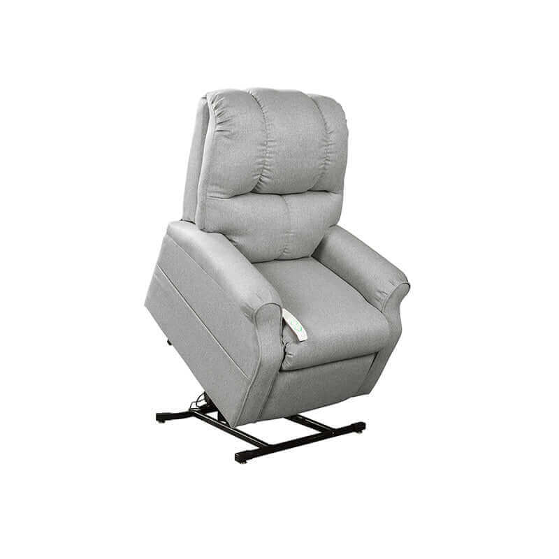 Silver gray Mega Motion 3-position lift chair in the lift position with seat tilted forward to help user stand up