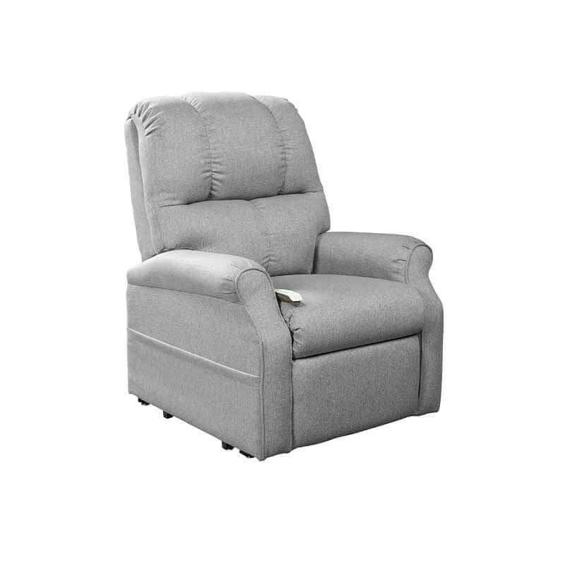 Mega Motion 3-position lift chair in silver gray color, shown in upright position to sit upright