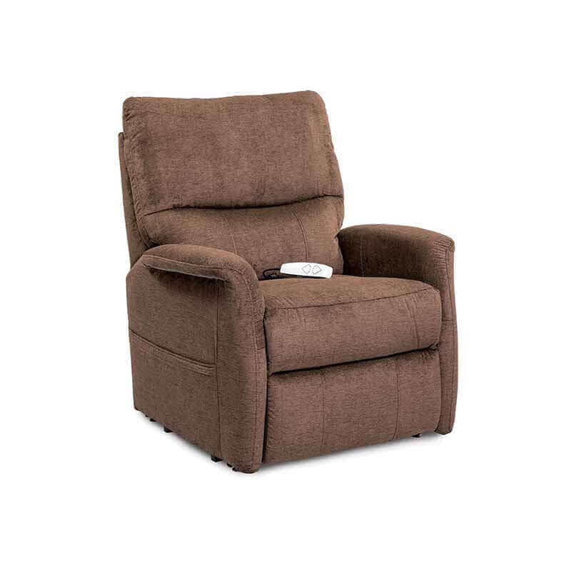 Brown Mega Motion MM-3250 lift recliner chair in an upright position, with the backrest fully upright to sit comfortably