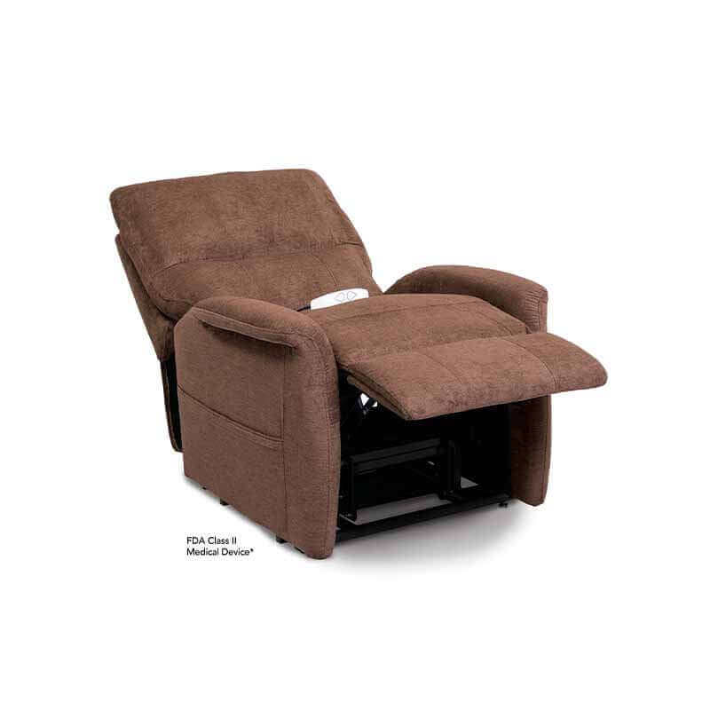 Brown Mega Motion MM-3250 lift recliner chair with backrest reclined to take a restful nap with footrest elevated all the way up