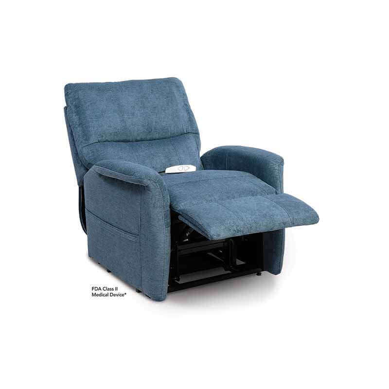 Blue-gray Mega Motion MM-3250 lift recliner chair with side pockets, partially reclined back with footrest raised all the way up