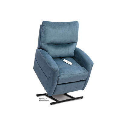 Blue-gray Mega Motion MM-3250 reclining lift chair lifting up with seat titled forward to assist user in standing up