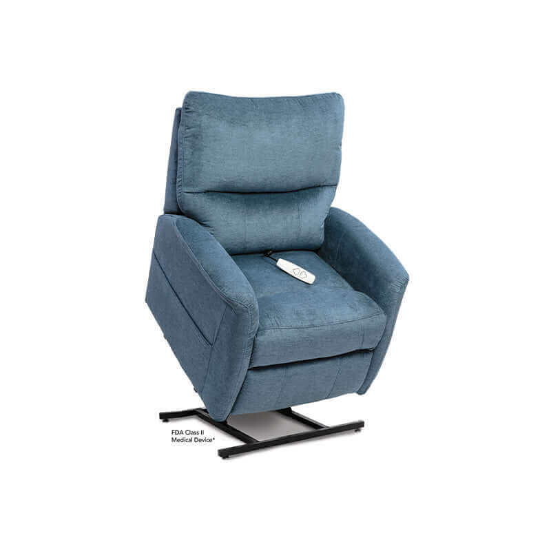 Blue-gray Mega Motion MM-3250 reclining lift chair lifting up with seat titled forward to assist user in standing up