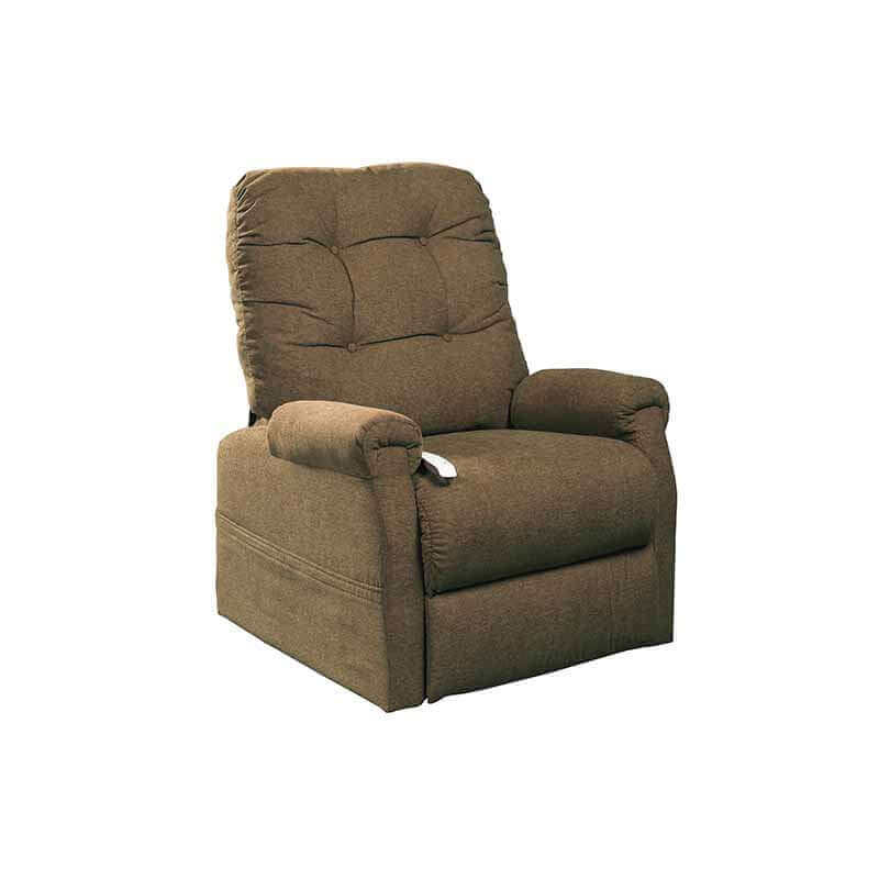 Mega Motion MM-4001 Petite Lift Chair Recliner in tan brown color, shown in upright position with backrest straight & footrest down