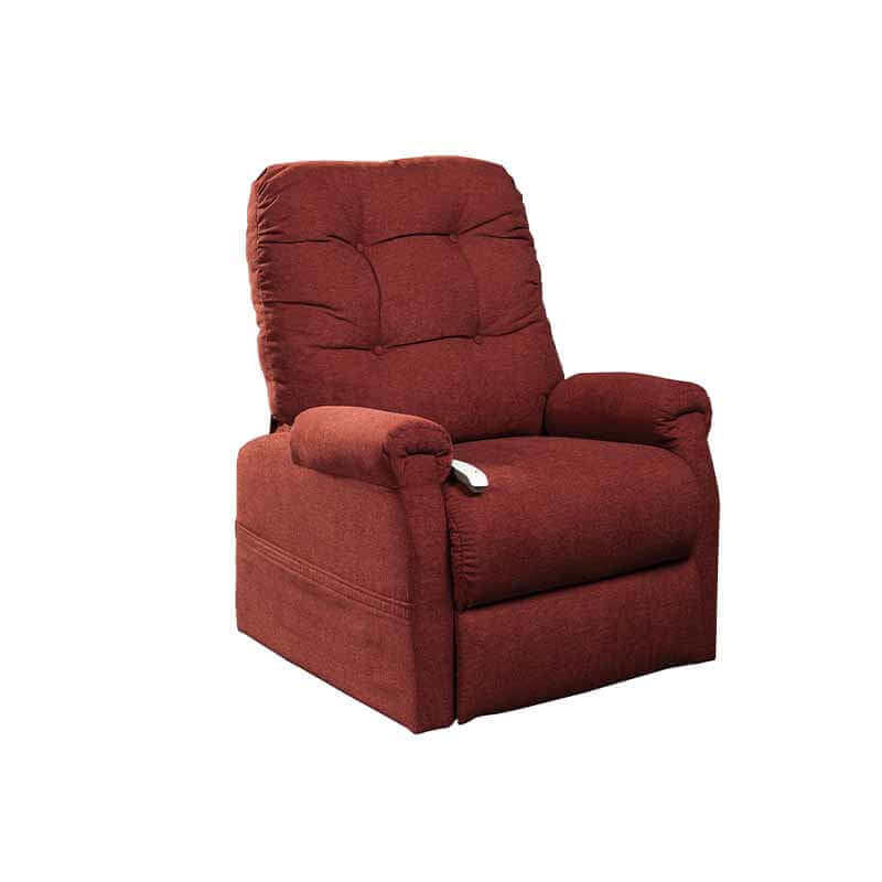 Mega Motion's MM-4001 Petite Lift Chair in rusty red, displayed in an upright seated position with padded armrests to sit comfortably