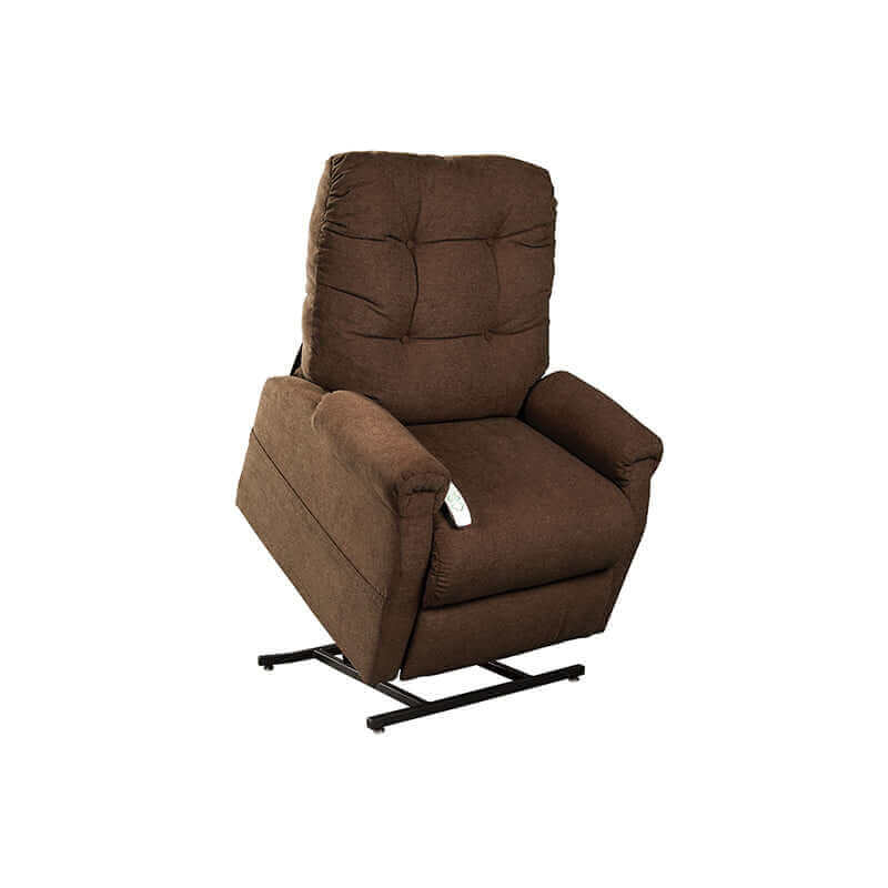 Dark Brown Mega Motion's MM-4001 Petite Lift Chair lifting up with seat tilted forward to help user stand on their own.
