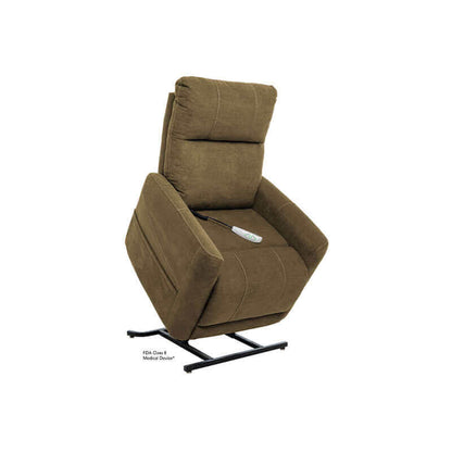Olive color Mega Motion MM-3615 Power Lift Recliner with heat & massage in lift position with seat tilted forward to assist user stand up